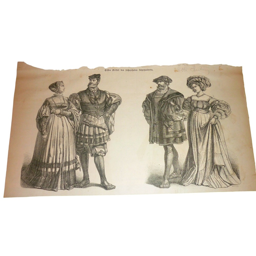 Antique 16th Century German Fashion Wood Engraving Print Renaissance Costume Art